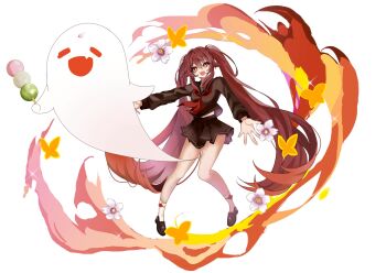 Rule 34 | 02pikapika, 1girl, alternate costume, black sailor collar, black serafuku, black shirt, black shoes, black skirt, boo tao (genshin impact), brown eyes, brown hair, commentary request, dango, fire, flower-shaped pupils, food, full body, genshin impact, ghost, highres, hu tao (genshin impact), loafers, long hair, long sleeves, miniskirt, neckerchief, open mouth, pleated skirt, red neckerchief, sailor collar, sanshoku dango, school uniform, serafuku, shirt, shoes, simple background, skirt, socks, solo, symbol-shaped pupils, twintails, very long hair, wagashi, white background, white socks