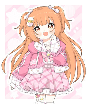 1girl bandaid_on_thigh belt blush border bow bowtie clenched_hand cowboy_shot drawstring egg_hair_ornament food-themed_hair_ornament frilled_jacket frilled_sailor_collar frills gem hair_ornament hair_ribbon hand_to_own_mouth highres hood hooded_jacket jacket kirara_tamako kirara_tamako_(2nd_costume) long_hair long_sleeves looking_at_viewer nijisanji open_clothes open_jacket open_mouth orange_eyes orange_hair outline outside_border petticoat pink_background pink_belt pink_bow pink_bowtie pink_jacket pink_skirt plaid_clothes plaid_skirt pleated_skirt puffy_long_sleeves puffy_sleeves ribbon sailor_collar shirt skirt sleeves_past_wrists smile solo standing sticker_on_leg striped_bow striped_bowtie striped_clothes thighhighs two-sided_fabric two-sided_jacket two_side_up usugale9523 virtual_youtuber white_border white_outline white_ribbon white_sailor_collar white_shirt white_thighhighs yellow_gemstone