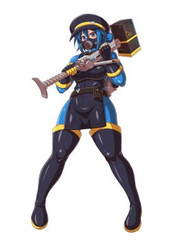 1girl absurdres apron black_apron black_boots black_gloves blu_pyro_(tf2) blue_hair bodysuit boots breasts commission emperpep full_body genderswap genderswap_(otf) gloves hair_bun highres holding holding_weapon large_breasts latex latex_bodysuit latex_gloves latex_legwear looking_at_viewer mask pyro_(tf2) respirator second-party_source simple_background solo team_fortress_2 thigh_boots weapon white_background