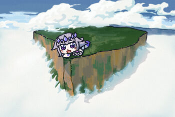 1girl 1other bing_huyue blush_stickers brazil chibi cloud cloudy_sky gem gem_hair_ornament guyana hair_flaps hand_jewel highres hololive hololive_english koseki_bijou lying mount_roraima open_mouth pebble_(koseki_bijou) purple_eyes purple_gemstone purple_hair real_world_location scenery sky venezuela virtual_youtuber