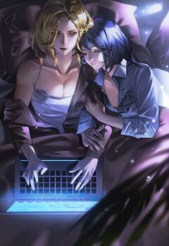 2girls bed chief_(path_to_nowhere) computer female_chief_(path_to_nowhere) from_above highres langley_(path_to_nowhere) laptop lying melendes1312 multiple_girls on_back path_to_nowhere pillow sleeping typing yuri