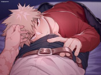 2boys absurdres bakugou_katsuki belt black_pants blonde_hair blush boku_no_hero_academia brown_belt bulge closed_mouth dekudash highres looking_at_viewer male_focus midoriya_izuku multiple_boys multiple_scars on_bed pants red_eyes scar scar_on_arm scar_on_face scar_on_hand shirt shirt_tucked_in short_hair spiked_hair twitter_username white_shirt yaoi