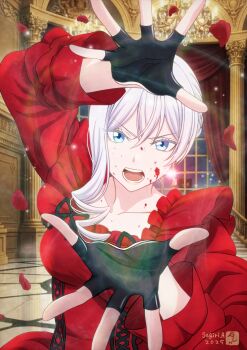 1girl asukamama89 blue_eyes breasts collarbone dress earrings fingerless_gloves glint gloves grey_hair highres indoors jewelry red_dress red_petals saigo_ni_hitotsu_dake_onegai_shite_mo_yoroshii_deshou_ka scarlet_el_vandimion solo upper_body