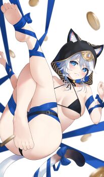 1girl absurdres alternate_costume animal_ear_fluff animal_ears animal_hood ass barefoot bikini blue_eyes blue_ribbon bound bow breasts buckle cat_ears cat_girl cat_tail choker cipher_(honkai:_star_rail) coin commentary embarrassed grey_hair hair_bow highres honkai:_star_rail honkai_(series) hood large_breasts machin4719 mole mole_on_breast ribbon soles swimsuit tail thigh_strap tied_up_(nonsexual) white_background white_streaks