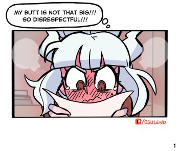 1girl artist_name blunt_bangs blush demon_girl demon_horns full-face_blush helltaker holding holding_paper horns lucifer_(helltaker) mole mole_under_eye osulan paper red_eyes speech_bubble thought_bubble wavy_mouth white_hair white_horns