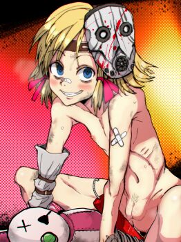 1girl aikawa_arika bags_under_eyes bandaid blonde_hair blue_eyes borderlands_(series) borderlands_2 censored cleft_of_venus dirty dirty_face dynamite explosive female_focus female_pubic_hair flat_chest grin halftone halftone_background loli looking_at_viewer mask mask_on_head medium_hair mosaic_censoring navel nipples nude pointless_censoring pubic_hair pussy pussy_juice ribs skinny smile solo sparse_pubic_hair stuffed_toy tiny_tina
