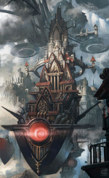 building castle cloud commentary_request fantasy flying highres machine midair no_humans noba original outdoors rocket_ship scenery spacecraft