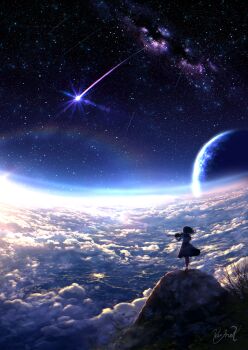 1girl absurdres aurora cloud cloudy_sky commentary_request grass highres holding holding_instrument holding_violin instrument kumeki_(kk4615) on_rock original outdoors planet rock scenery shooting_star signature sky space star_(sky) starry_sky sunlight tree violin