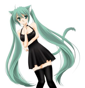 animal_ears animated animated_gif black_thighhighs cat_ears cat_tail dress green_eyes green_hair hatsune_miku kemonomimi_mode long_hair matching_hair/eyes simple_background sinko_(sinsin) solo tail thighhighs twintails very_long_hair vocaloid zettai_ryouiki