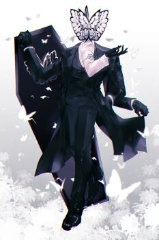 Rule 34 | 1boy, animal head, bad id, black coat, black gloves, black pants, black shoes, black vest, bug, butterfly, buttons, coat, coat hold, coffin, collared shirt, colored skin, crossed legs, dress pants, dress shoes, extra arms, facing viewer, flower, formal clothes, full body, funeral of the dead butterflies, gloves, hand in pocket, hand up, highres, holding coffin, insect, lapels, lobotomy corporation, long sleeves, male focus, monochrome background, notched lapels, open clothes, open coat, pants, project moon, remsrar, rose, shirt, shoes, solo, tailcoat, vest, waistcoat, walking, white butterfly, white flower, white rose, white shirt, white skin, wingtip collar