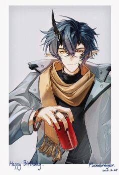 1boy arknights black_hair black_horns black_nails black_shirt border bright_pupils brisevent-ash brown_scarf character_name chinese_commentary closed_mouth commentary_request dated drink fingernails flamebringer_(arknights) fringe_trim grey_background grey_jacket happy_birthday highres holding holding_drink horns jacket jewelry long_sleeves looking_at_viewer male_focus material_growth nail_polish open_clothes open_jacket oripathy_lesion_(arknights) pointy_ears ring scarf shirt short_hair smile solo tassel turtleneck turtleneck_shirt upper_body white_border white_pupils yellow_eyes