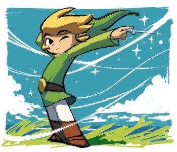 Rule 34 | 1boy, black eyes, blonde hair, blue sky, boots, brown boots, closed mouth, cloud, commentary request, day, grass, green hat, hat, highres, holding, link, long sleeves, male focus, nekome0220, nintendo, ocean, one eye closed, outdoors, pointy ears, sky, solo, sparkle, standing, the legend of zelda, the legend of zelda: the wind waker, toon link, water, wind, wind waker (object)