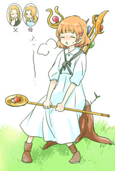 1boy 2girls blonde_hair boots brown_boots claud_(fire_emblem:_genealogy_of_the_holy_war) closed_eyes commentary_request dress edain_(fire_emblem) exhausted family_tree fire_emblem fire_emblem:_genealogy_of_the_holy_war flat_chest grass holding holding_staff lana_(fire_emblem) long_dress mage_staff multiple_girls nintendo on_tree_stump orange_hair relationship_graph short_hair sitting staff tenjin_(ahan) translated tree_stump white_background white_dress