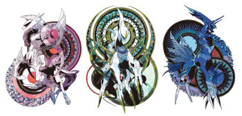 arceus black_sclera blue_gemstone blue_skin centauroid colored_sclera colored_skin dialga dialga_(origin) gem gen_4_pokemon green_sclera highres hooves horns horse_tail legendary_pokemon long_neck mane mythical_pokemon nintendo no_feet no_hands no_humans palkia palkia_(origin) pink_skin pokemon pokemon_(creature) pokemon_focus purple_tail red_eyes red_gemstone rintaro_sano shoulder_pads tail taur white_skin wings