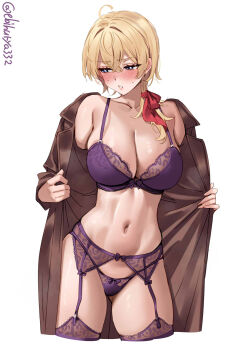 Rule 34 | 1girl, ahoge, artist name, averting eyes, blonde hair, blue eyes, blush, bra, breasts, brown coat, coat, collarbone, commentary request, cropped legs, crossed bangs, ebifurya, garter belt, gluteal fold, hair between eyes, hair intakes, hair ribbon, highres, kantai collection, large breasts, long hair, long sleeves, looking down, looking to the side, navel, one-hour drawing challenge, open clothes, open coat, panties, parted lips, purple bra, purple panties, purple thighhighs, red ribbon, ribbon, sidelocks, simple background, skindentation, solo, steaming body, sweat, thighhighs, thighs, trench coat, tuscaloosa (kancolle), twitter username, underwear, white background