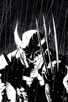 1boy acrylic_paint_(medium) black_background claws clenched_teeth commentary cowl dark english_commentary gloves hatching_(texture) highres male_focus marvel monochrome muscular muscular_male no_pupils painting_(medium) pen_(medium) rain solo superhero_costume teeth traditional_media upper_body valerio_giangiordano wet wolverine_(x-men) x-men