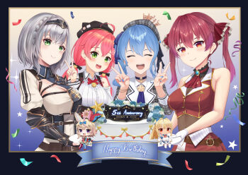 6+girls ahoge animal_ears anniversary ascot beret birthday_cake black_hat blonde_hair blue_hair breasts cake chibi cleavage closed_eyes closed_mouth commentary_request confetti cropped_jacket double_v food green_eyes grey_hair grey_hat hair_between_eyes happy_birthday hat highres hololive hoshimachi_suisei hoshimachi_suisei_(1st_costume) houshou_marine houshou_marine_(1st_costume) jacket large_breasts leotard leotard_under_clothes long_hair looking_at_viewer mini_person minigirl multiple_girls omaru_polka omaru_polka_(1st_costume) open_mouth pink_hair rabbit_ears red_ascot red_eyes red_hair red_jacket sakura_miko sakura_miko_(casual) same1029 shiranui_flare shiranui_flare_(1st_costume) shirogane_noel shirogane_noel_(1st_costume) shirt short_hair smile twintails usada_pekora usada_pekora_(1st_costume) v virtual_youtuber white_shirt