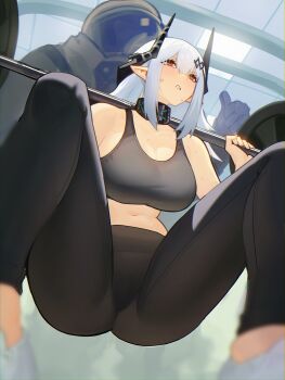 1boy 1girl absurdres arknights bare_shoulders big_bob_(arknights) black_horns black_sports_bra breasts commentary distr english_commentary exercising helmet highres horns indoors infection_monitor_(arknights) large_breasts long_hair midriff mudrock_(arknights) navel pants pointy_ears red_eyes sports_bra squatting sweat thumbs_up triangle_mouth weightlifting white_footwear white_hair yoga_pants