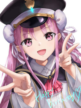 1girl :d absurdres ascot black_cape black_hat bun_cover cape collared_shirt commentary_request double_bun double_v dutch_angle eyes_visible_through_hair hair_between_eyes hair_bun hair_ribbon hands_up happy happy_birthday hat heart heaven_burns_red highres kunimi_tama long_hair long_sleeves looking_at_viewer open_mouth peaked_cap pink_eyes pink_hair red_ascot ribbon shirt sidelocks simple_background smile solo upper_body v white_background white_ribbon white_shirt wide_sleeves yu422yu