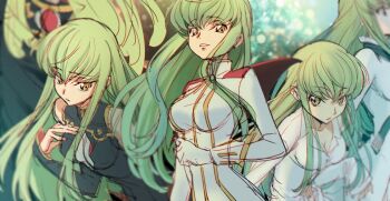 1girl bare_shoulders breasts c.c. cleavage code_geass commentary_request creayus detached_sleeves gloves green_hair long_hair long_sleeves looking_at_viewer mecha_pilot_suit multiple_views shirt visible_ears white_gloves white_shirt yellow_eyes