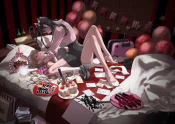 2girls bag balloon black_hair black_skirt bottle breasts brown_hair cake comiket_107 flag food fork grey_eyes hand_fan high_heels inverted_colors iwami_kiyoko jirai_kei knife long_hair looking_at_another medium_breasts multiple_girls notebook on_bed original phone pillow pink_shirt platform_shoes rolling_suitcase shirt shoes skirt socks straddling strangling suitcase two_side_up white_socks yuri