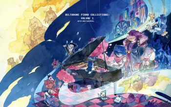 alphys animal_ears antlers arms_behind_head artist_name berdly_(deltarune) black_hair blue_hair blue_skin checkered_floor colored_skin commentary deer_antlers deltarune english_commentary ferris_wheel furry furry_female furry_male glasses goat_boy goat_ears goat_girl goat_horns grand_piano highres holding holding_mop horns instrument kris_(dark_world)_(deltarune) kris_(deltarune) lancer_(deltarune) mop music noelle_holiday noelle_holiday_(dark_world) official_art piano pink_horns playing_instrument playing_piano pointy_nose ponman_(deltarune) purple_hair purple_skin queen_(deltarune) ralsei ribbick_(deltarune) rouxls_kaard rudinn_(deltarune) sitting smile spamton_g._spamton susie_(dark_world)_(deltarune) susie_(deltarune) swatchling_(deltarune) toriel twitter_username undyne utdr_(toby_fox) virovirokun white_fur white_skin wraith615