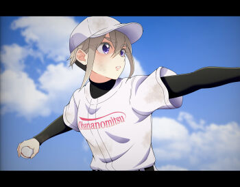 1girl ball baseball baseball_cap black_shirt blue_sky clothes_writing cloud commentary_request day dirty eyelashes grey_hair hat highres holding holding_ball kimi_no_koto_ga_dai_dai_dai_dai_daisuki_na_100-nin_no_kanojo letterboxed long_sleeves pack0130 purple_eyes shirt short_hair short_sleeves sidelocks sky solo sutou_iku undercut undershirt upper_body variant_set very_short_hair white_hat white_shirt