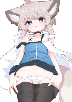 1girl absurdres ahoge animal_ears arknights black_pantyhose blue_eyes fox_ears fox_girl fox_tail highres loli material_growth oripathy_lesion_(arknights) panties panty_pull pantyhose pussy pussy_peek rano_u_rabe simple_background solo sussurro_(arknights) tail underwear white_background white_panties