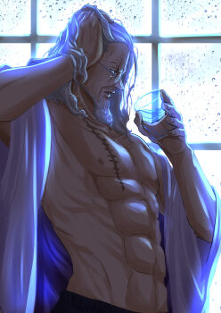 Rule 34 | 1boy, abs, commentary request, cup, drinking, glasses, highres, holding, holding cup, long hair, looking ahead, male focus, musasabiop, muscular, muscular male, nipples, one piece, open clothes, open shirt, parted lips, round eyewear, scar, scar across eye, scar on chest, scar on face, silvers rayleigh, solo, window
