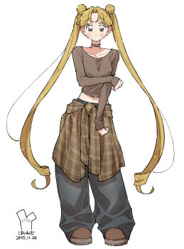 1girl alternate_costume arm_under_breasts baggy_pants bishoujo_senshi_sailor_moon blonde_hair blush breasts brown_shirt brown_shoes casual choker closed_mouth clothes_around_waist crossed_arms dated dot_mouth double_bun full_body hair_bun highres long_hair looking_at_viewer medium_breasts midriff navel neginoaoitokoro pants parted_bangs plaid_clothes plaid_shirt shirt shirt_around_waist shoes solo tsukino_usagi twintails very_long_hair white_background