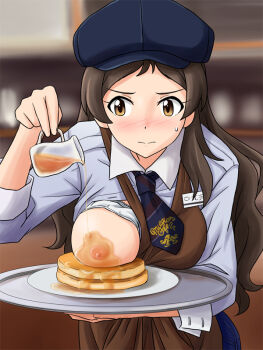 1girl apron blush bra breast_rest breast_slip breasts breasts_out brown_eyes brown_hair carried_breast_rest carrying employee_uniform food hat idolmaster idolmaster_million_live! kitazawa_shiho lielos long_hair medium_breasts name_tag necktie nipples one_breast_out pancake shirt solo sweatdrop tray underwear