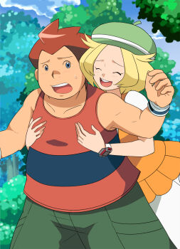 bianca_(pokemon) blonde_hair blue_eyes closed_eyes hat highres hug hug_from_behind kijouyu nintendo open_mouth outdoors pokemon pokemon_(anime) pokemon_bw stephan_(pokemon) sweatdrop teeth upper_teeth_only