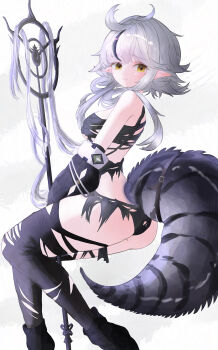 1girl absurdres arknights ass bike_shorts bikini black_bikini black_hair black_sleeves black_tail black_thighhighs closed_mouth commentary detached_sleeves feet_out_of_frame grey_hair highres long_hair minseong_jo multicolored_hair pointy_ears solo staff streaked_hair swimsuit tail thighhighs tomimi_(arknights) torn_bike_shorts torn_clothes torn_thighhighs white_background yellow_eyes