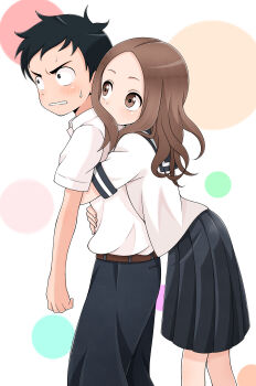 Rule 34 | 1boy, 1girl, absurdres, blue sailor collar, breast press, breasts on another's back, brown eyes, brown hair, flat chest, forehead, highres, hug, hug from behind, ito kashiwamochi, karakai jouzu no takagi-san, neckerchief, nishikata, red neckerchief, sailor collar, sanpaku, school uniform, serafuku, shirt, takagi-san, white shirt