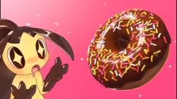 +_+ 1girl 3d animated black_hair black_skin blush blush_stickers brown_eyes chocolate_icing colored_skin donut drooling female_focus flat_chest floating floating_object food gen_3_pokemon hands_up high_ponytail hungry icing long_hair looking_at_food mawaifu mawile mixed_media mouth_drool multicolored_skin nintendo nose_blush open_mouth pink_background pokemon pokemon_(creature) ponytail shiny_skin sidelocks simple_background solo spinning sprinkles two-tone_skin upper_body video wide-eyed yellow_pupils yellow_skin