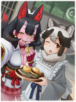2girls absurdres alternate_costume animal_ears apron back_bow belt black_fur black_hair bow bowtie brown_belt brown_eyes brown_hair collared_shirt colored_skin eating fang fingerless_gloves fox_ears fox_girl fox_tail frilled_apron frills fur_collar fur_trim gloves grey_kimono hair_between_eyes hashtag-only_commentary highres horns japanese_clothes kemono_friends kemono_friends_3 kimono kinkaku_(kemono_friends) long_hair long_sleeves multicolored_hair multiple_girls one_eye_closed orange_eyes plaid_clothes plaid_skirt pleated_skirt raccoon_ears raccoon_girl raccoon_tail red_bow red_bowtie red_gloves red_skin red_skirt selfie shirt short_hair sidelocks skirt striped_clothes striped_kimono tail tanuki_(kemono_friends) toriny tray two-tone_hair vertical-striped_clothes vertical-striped_kimono white_apron white_fur white_hair white_shirt