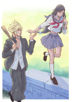 1boy 1girl baggy_pants bandaid bandaid_on_cheek bandaid_on_face baseball_bat black_hair black_jacket black_pants blonde_hair blue_eyes blue_sailor_collar blue_scrunchie blue_skirt border bracelet brown_shoes closed_mouth cloud_strife cloud_strife_(midgard_seventh_high_school) commentary_request delinquent final_fantasy final_fantasy_vii final_fantasy_vii:_ever_crisis foot_out_of_frame full_body gakuran grass hair_ornament hair_scrunchie highres holding holding_baseball_bat jacket jewelry long_hair looking_at_another loose_socks midriff_peek miniskirt neckerchief ninnin5tora official_alternate_costume open_clothes open_jacket outside_border pants pleated_skirt red_eyes red_neckerchief sailor_collar school_uniform scrunchie serafuku shirt shoes short_hair skirt smile socks spiked_hair tifa_lockhart tifa_lockhart_(midgard_seventh_high_school) walking white_border white_serafuku white_shirt white_socks