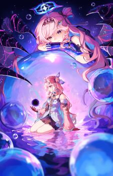 2girls absurdres alyxtarr arm_support bare_shoulders blue_hair breasts bubble closed_mouth colored_extremities colored_inner_hair commentary denia_(wuthering_waves) detached_sleeves dress dual_persona gloves hair_ornament highres long_hair looking_at_viewer medium_breasts multicolored_hair multiple_girls orb pink_hair purple_eyes red_gloves reflection reflective_liquid sitting smile untranslatable_commentary white_dress wuthering_waves yokozuwari