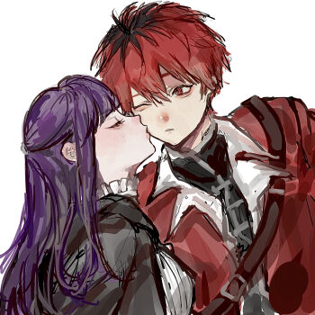 Rule 34 | 1boy, 1girl, aegyo sal, black hair, black jacket, black shirt, blunt bangs, breasts, closed eyes, commentary, couple, dress, english commentary, fern (sousou no frieren), frilled shirt collar, frills, hair between eyes, hetero, highres, jacket, kiss, kissing cheek, large breasts, leigh 113n, long hair, multicolored hair, one eye closed, profile, purple hair, red eyes, red hair, red jacket, roots (hair), shirt, short hair, sidelocks, simple background, sousou no frieren, stark (sousou no frieren), strap, upper body, white background, white dress