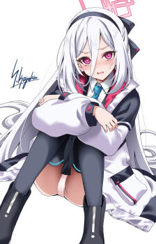 1girl black_hairband black_thighhighs blue_archive blue_necktie blush collared_shirt commentary_request crossed_arms hairband halo highres jacket kei_(blue_archive) knees_up kyogoku_shin long_hair long_sleeves necktie open_clothes open_jacket open_mouth panties pantyshot pink_eyes pink_halo pink_panties shirt sitting skirt solo thighhighs underwear white_hair white_jacket