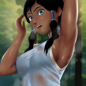 1girl absurdres armpits avatar_legends black_hair blue_eyes dark-skinned_female dark_skin highres korra nipples noxdsa open_mouth outdoors see-through_clothes see-through_shirt shirt solo sweat teeth the_legend_of_korra upper_body upper_teeth_only very_sweaty wet wet_clothes