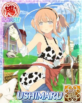 1girl animal_print apron arms_up ass barn breasts bright_pupils butt_crack cleavage cow cow_print cow_print_bra cow_print_panties day denim denim_shorts farm fence game_cg gloves goat grey_eyes hair_ribbon hay headphones large_breasts long_sleeves looking_at_viewer looking_back medium_hair official_art orange_hair outdoors parted_lips pitchfork red_apron ribbon rural senran_kagura senran_kagura_new_wave shirt short_twintails shorts smudge solo third-party_source torn_apron torn_clothes torn_shirt torn_shorts twintails ushimaru_(senran_kagura) white_gloves white_pupils white_ribbon white_shirt wooden_fence