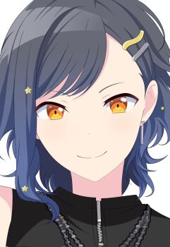 Rule 34 | 1boy, black hair, blue hair, close-up, closed mouth, commentary, earrings, english commentary, genderswap, genderswap (ftm), gradient hair, hair ornament, hairclip, highres, jewelry, looking at viewer, male focus, medium hair, miyotastic, multicolored hair, necklace, orange eyes, project sekai, shiraishi an, simple background, smile, solo, split mouth, star (symbol), star hair ornament, two-tone hair, white background, zipper