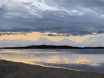 absurdres beach cloud cloudy_sky commentary day highres landscape mountainous_horizon no_humans original outdoors painterly reflection reflective_liquid scenery shore sky symbol-only_commentary twulfs