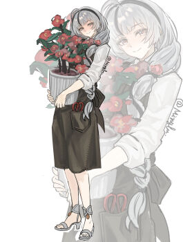 1girl absurdres alternate_costume apron artist_name braid braided_ponytail camellya_(wuthering_waves) chinese_commentary closed_mouth commentary_request flower_pot full_body grey_eyes grey_hair highres holding holding_flower_pot lady_flora_(wuthering_waves) long_hair looking_at_viewer minglu_(gululu) partial_commentary red_pupils shirt smile solo toes white_shirt wuthering_waves zoom_layer