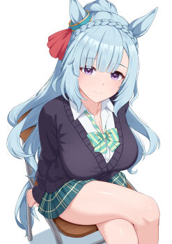 1girl absurdres animal_ears bad_source black_sweater blue_hair blue_nails blue_sweater bow braid breasts chair cleavage closed_mouth collared_shirt crossed_legs crown_braid ear_ornament green_bow green_skirt gyaru highres horse_ears horse_girl horse_tail large_breasts long_hair mejiro_ardan_(umamusume) nail_polish official_alternate_costume paid_reward_available plaid_clothes plaid_skirt ponytail purple_eyes school_chair school_uniform shadow shirt sidelocks simple_background sitting skirt smile solo striped_bow sweater tail thighs tsubame_tien umamusume very_long_hair white_background white_shirt wooden_chair