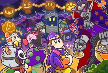 3boys basket candy cappy_(kirby) channel_ppp cookie cosplay dark_nebula dark_nebula_(cosplay) doomer_(kirby) food greater_doomer grey_hair halloween halloween_costume hat horns jack-o&#039;-lantern king_dedede kirby kirby_(series) mask multiple_boys mummy_costume nightmare_(kirby) nintendo official_art pumpkin rayman_limbs recording squashini taranza video_camera waddle_dee whispy_woods witch_hat