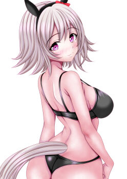 1girl absurdres animal_ears ass bikini black_bikini bow breasts closed_mouth commentary_request curren_chan_(umamusume) ear_bow ear_covers from_behind grey_hair hagesan3345 highres horse_ears horse_girl horse_tail looking_at_viewer medium_breasts pink_eyes red_bow short_hair simple_background smile swimsuit tail umamusume white_background