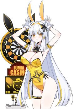 Rule 34 | 1girl, absurdres, animal ears, ascot, black ascot, black survival, blonde hair, breasts, cowboy shot, dalgam12, dart, dartboard, detached collar, eternal return: black survival, fake animal ears, fake tail, garter straps, gloves, highres, large breasts, leotard, long hair, minami rio, minami rio (winning shot), multicolored hair, official alternate costume, playboy bunny, rabbit ears, rabbit girl, rabbit pose, rabbit tail, simple background, single garter strap, solo, streaked hair, sweatdrop, tail, white background, white gloves, white hair, wrist cuffs, yellow eyes, yellow leotard