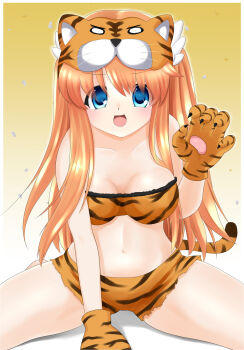 Rule 34 | 1girl, :d, alternate costume, animal costume, animal hands, animal hood, animal print, arm support, bare shoulders, blue eyes, border, breasts, breasts apart, chinese zodiac, claw pose, collarbone, commentary request, cowboy shot, gloves, gradient background, hair ornament, hair over breasts, hand up, highres, hood, large breasts, long hair, looking at viewer, navel, new year, ootori chihaya, open mouth, orange hair, orange shorts, paw gloves, print shorts, rewrite, short shorts, shorts, sidelocks, simple background, sitting, smile, smug, solo, spread legs, stomach, t kutkut, tiger costume, tiger print, two side up, v-shaped eyebrows, very long hair, wariza, white background, white border, wing hair ornament, year of the tiger, yellow background